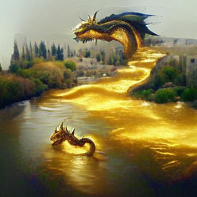 Dragon Soaring Above River of Gold
