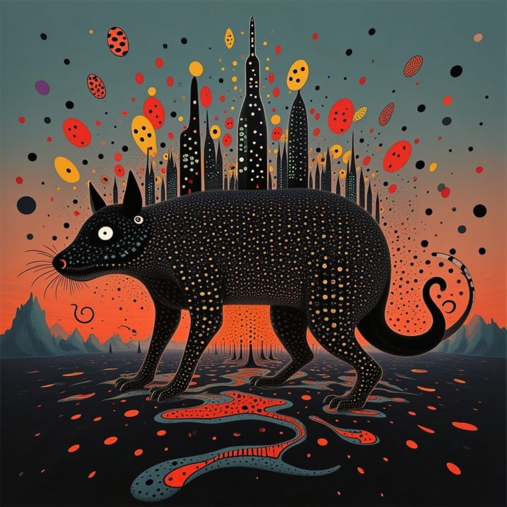 Double Exposure Art: Rat Silhouette Merged with Neon Citysca...