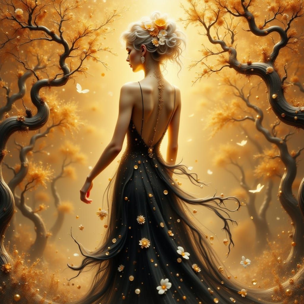 Woman in Art Nouveau Style with Bonsai Trees