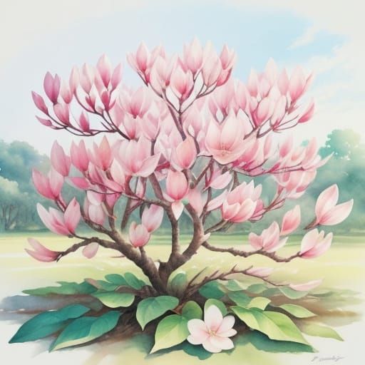 Magnolia Tree Watercolor in Comic Book Style