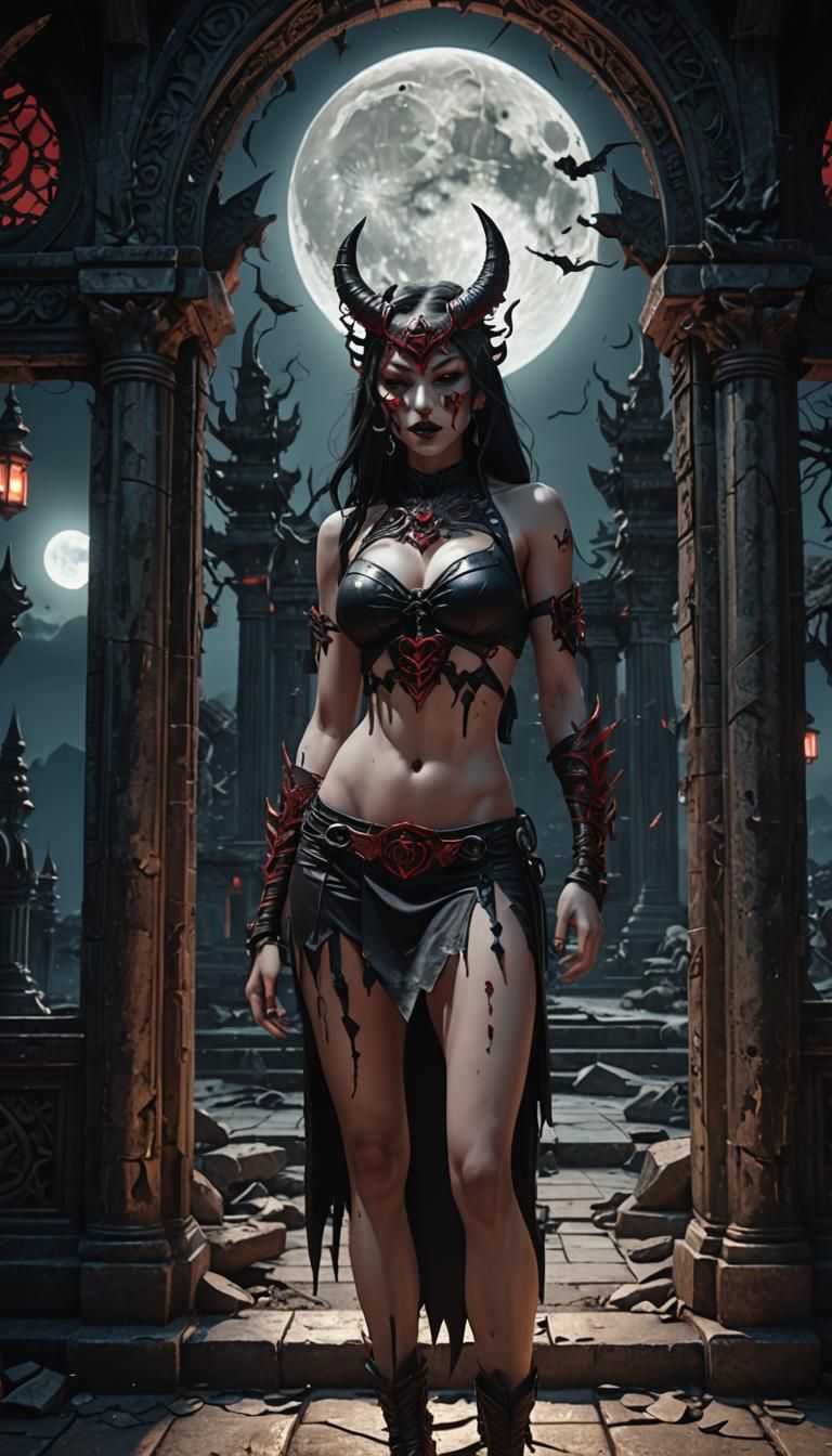 Demon Mask Woman in Gothic Temple