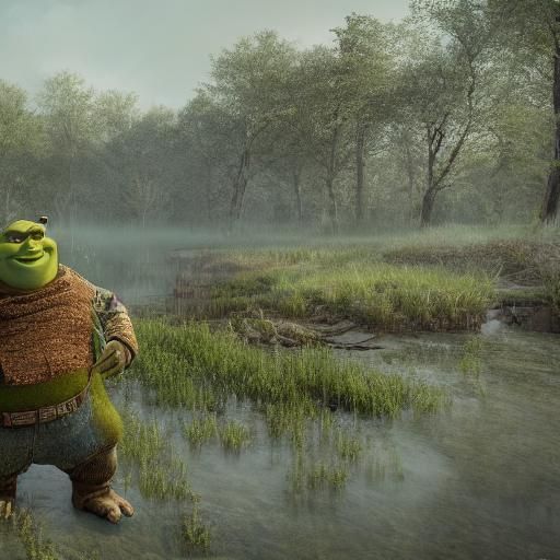 Shrek and Gru Hybrid in Murky Swamp, 3D Render