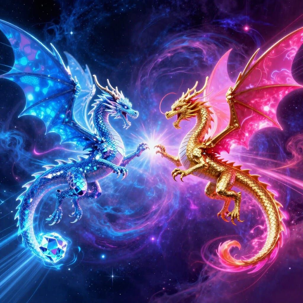 Diamond and Golden Dragons in Mystical Cosmic Duel