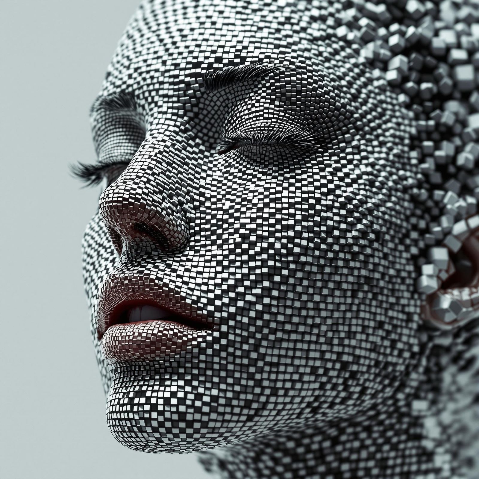 Woman's Face Constructed from Intricately Arranged 3D Checke...