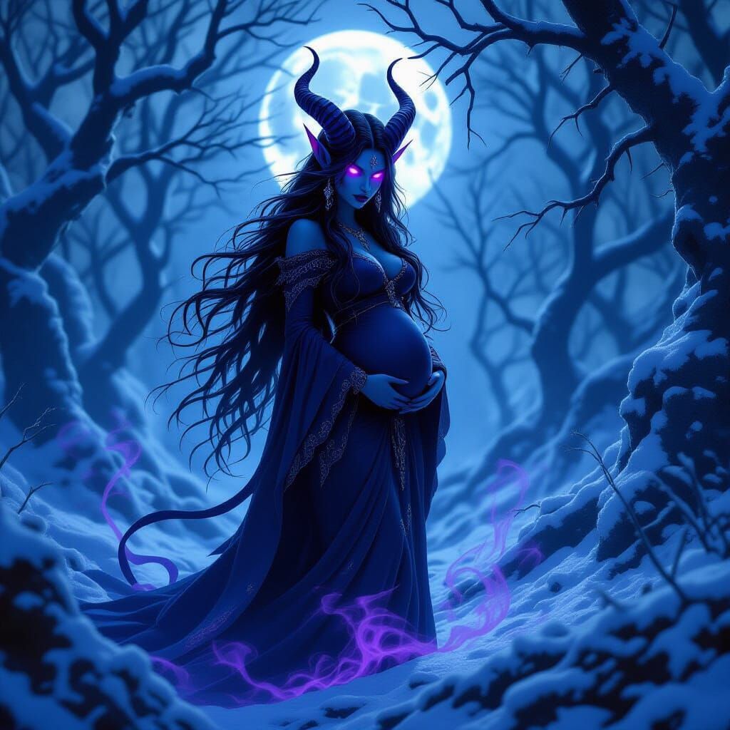 Pregnant Tiefling in Frosty Woods Under Moonlight