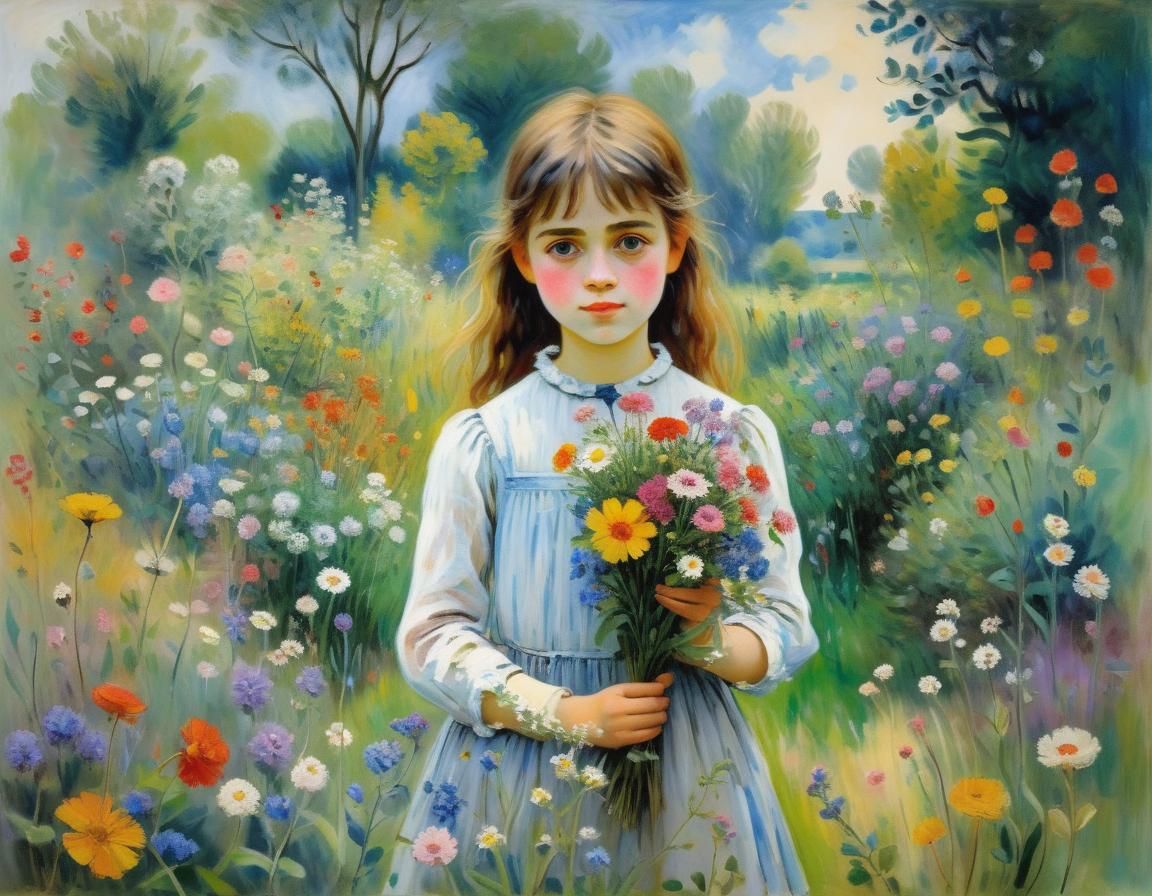 Girl with Wildflowers: Impressionist Garden Scene