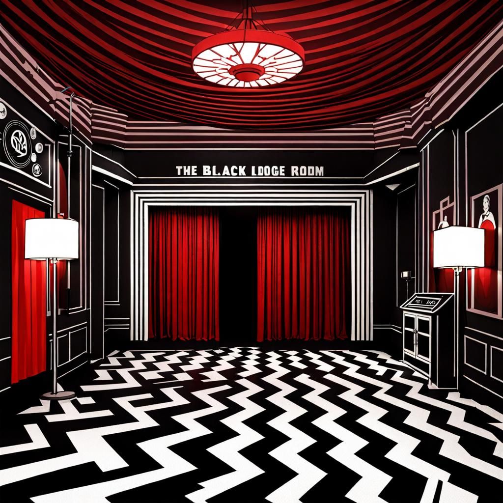The black lodge waiting room in Twin Peaks, the red curtain, the door, cinematic, David Lynch