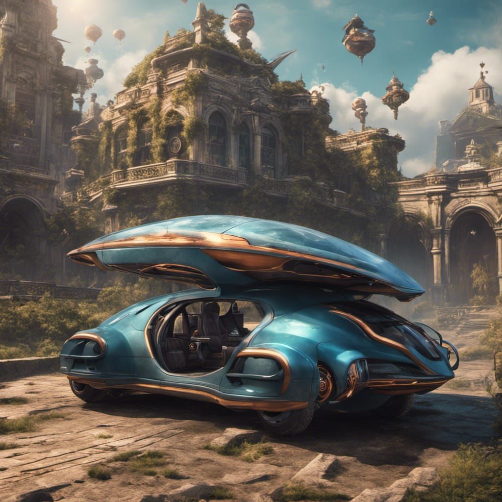 Fantastical Flying Car in Detailed Matte Painting