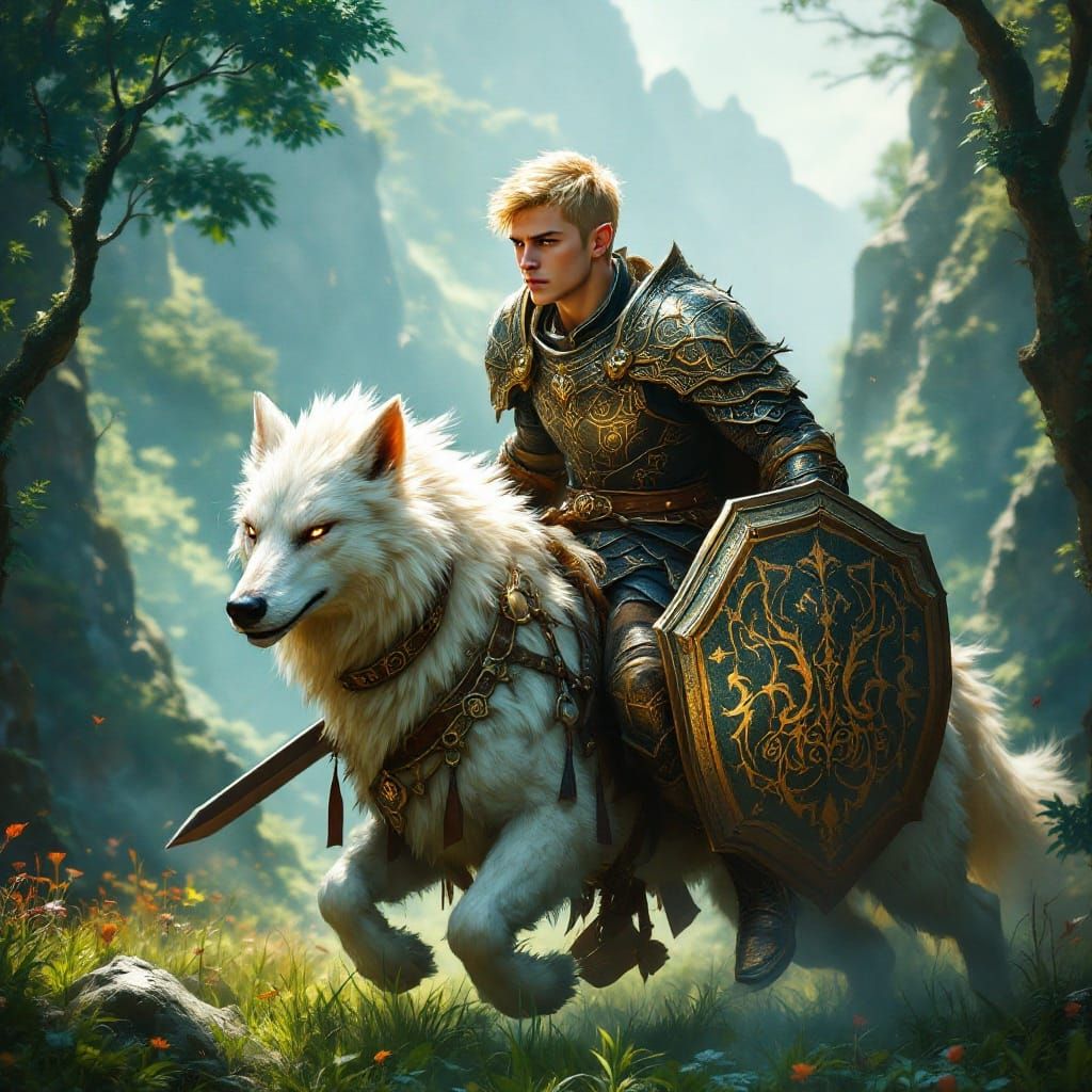 Majestic Elven Warrior Charges Forward on White Fenris Wolf