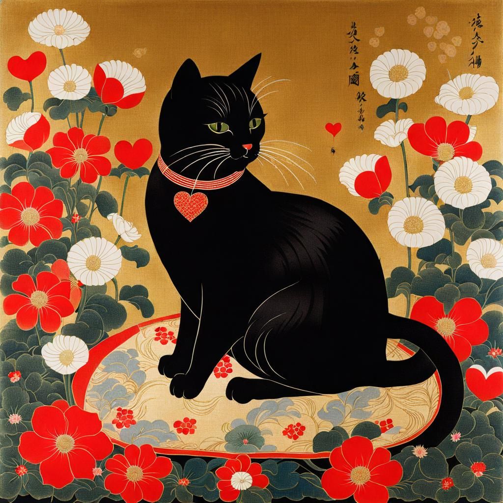 Cute Cat Surrounded by Flowers in Japanese Style