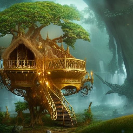 Golden Elf Treehouse Digital Matte Painting