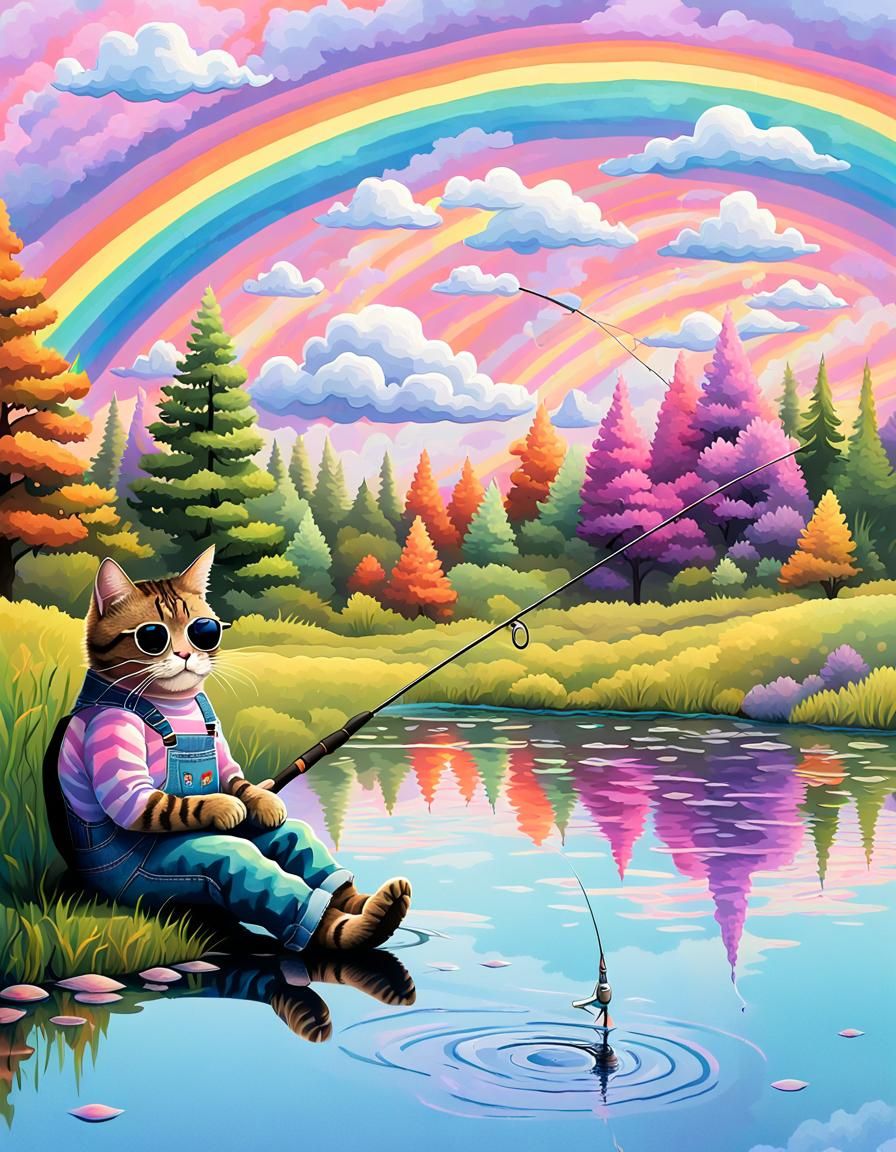 Psychedelic Tabby Cat Fishing in Rainbow Pond