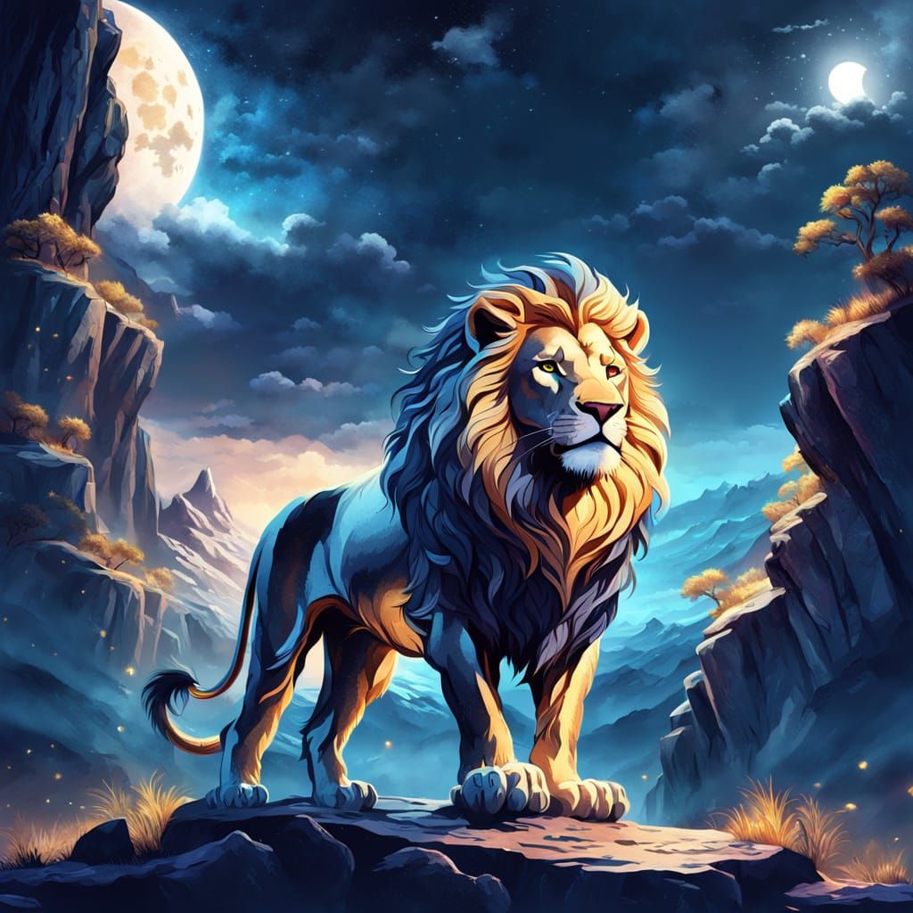 Majestic Lion Under Crescent Moon in Fantasy Digital Art