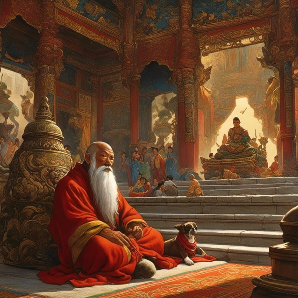 Tibetan Monk Praying with Shih Tzu in Temple