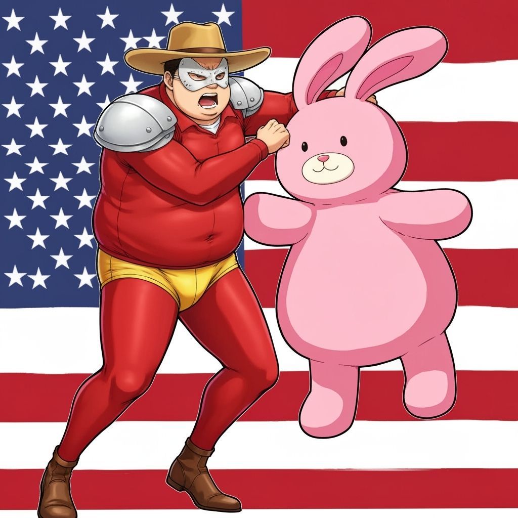 Overweight Superhero Fights Pink Rabbit in Anime Style