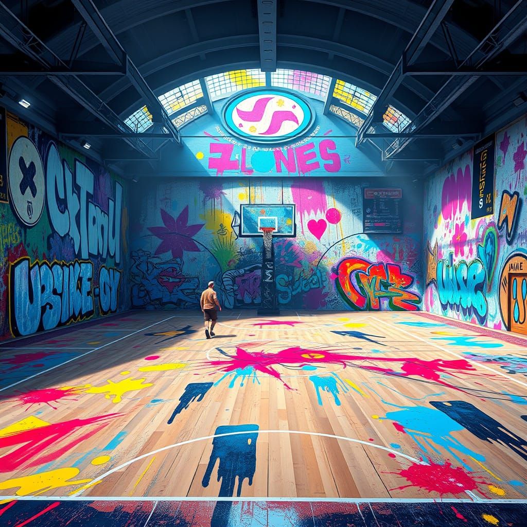 Futuristic Basketball Court in Vibrant Street Art Style