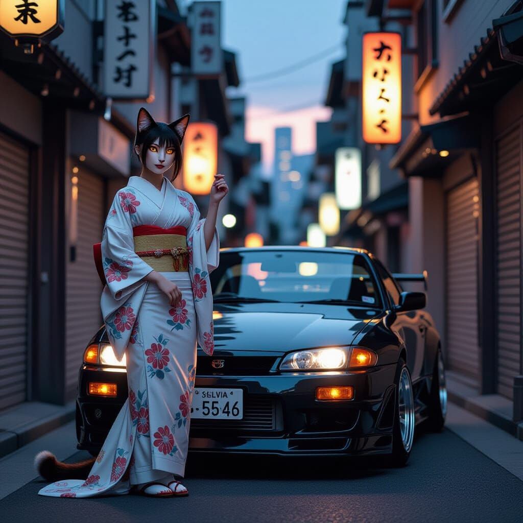 Japanese Cat-Woman Beside Nissan in Feline Metropolis