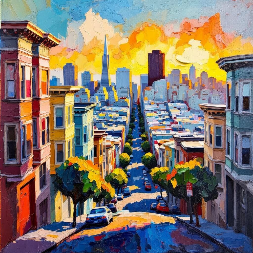 Textured San Francisco Cityscape in Bold Impasto Style