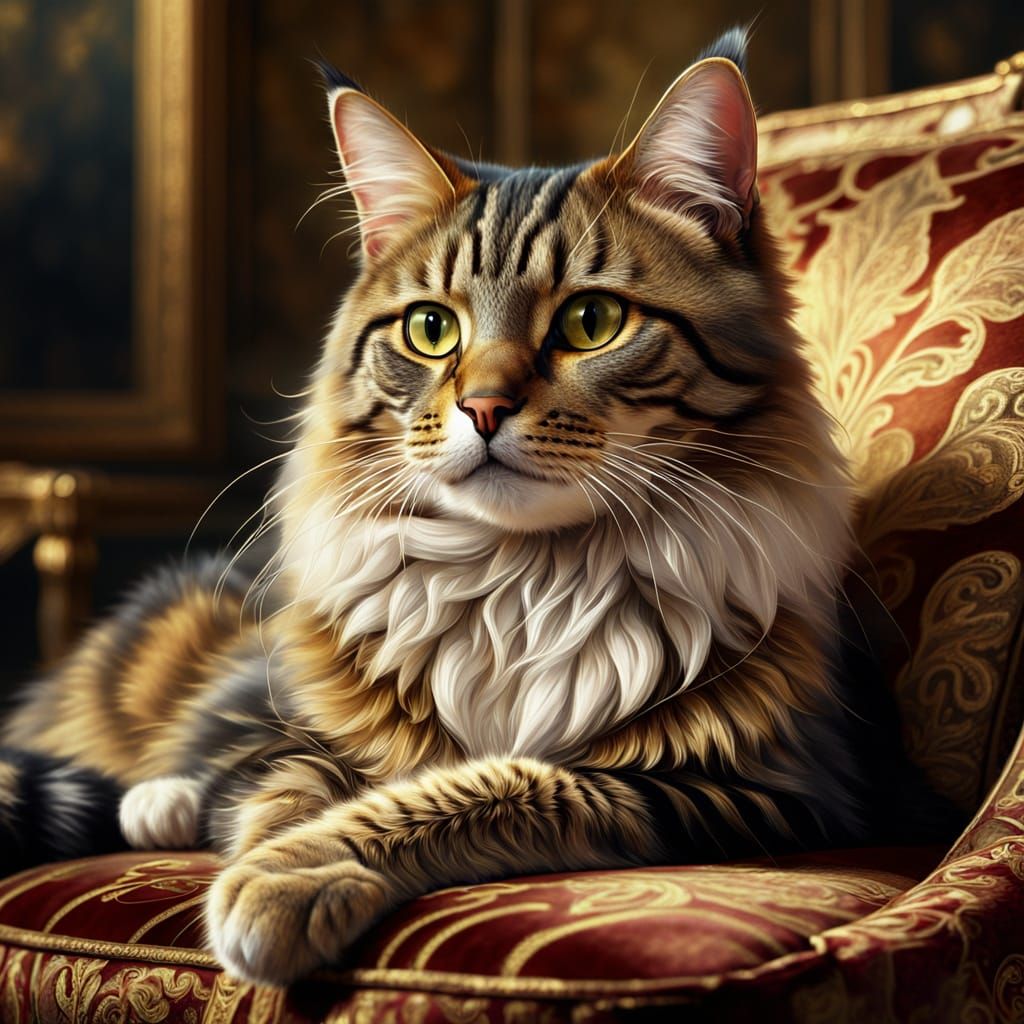 Aristocratic Cat in Opulent Room: Digital Painting