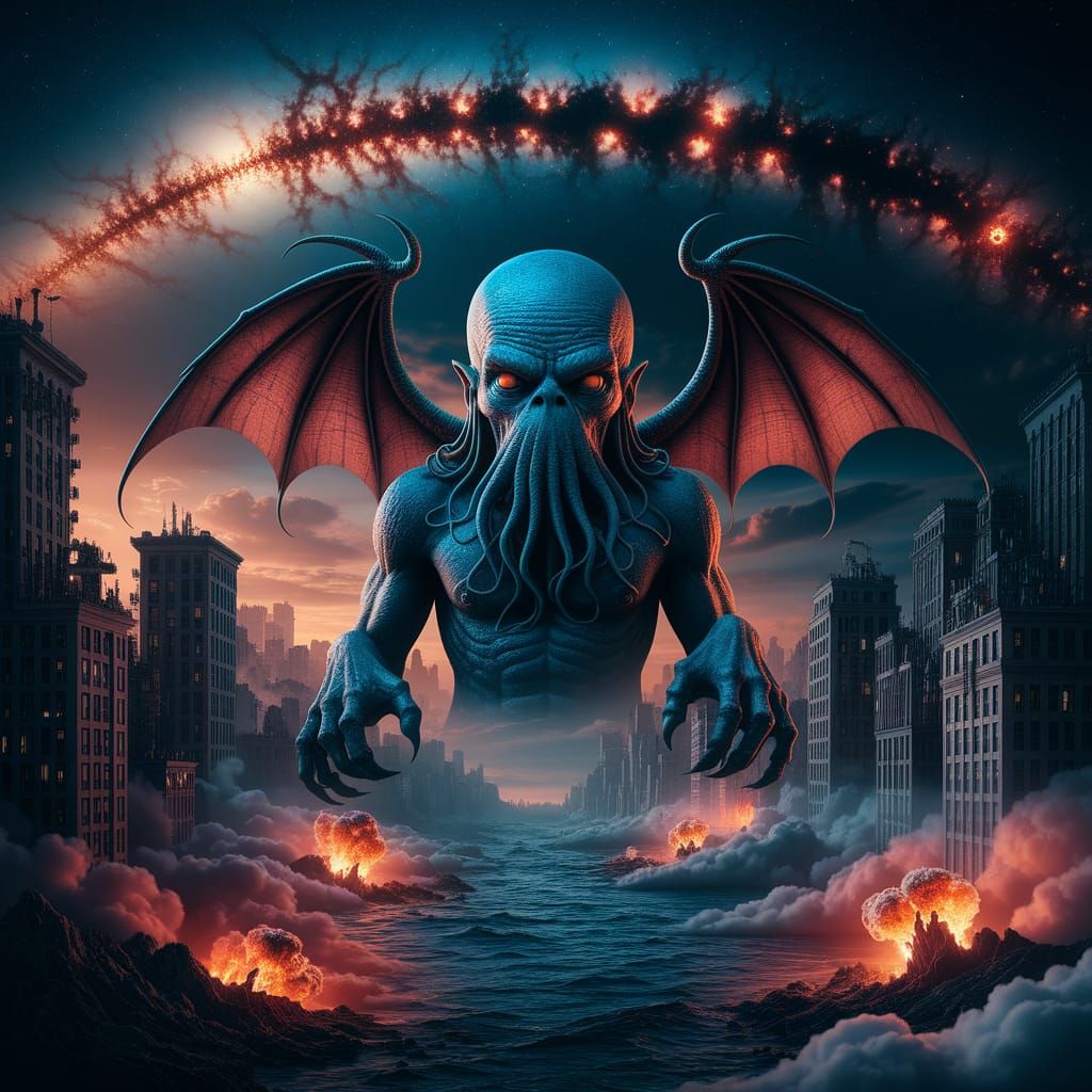 Ethereal Cosmic Horror: Cthulhu Rises in a Celestial Inferno