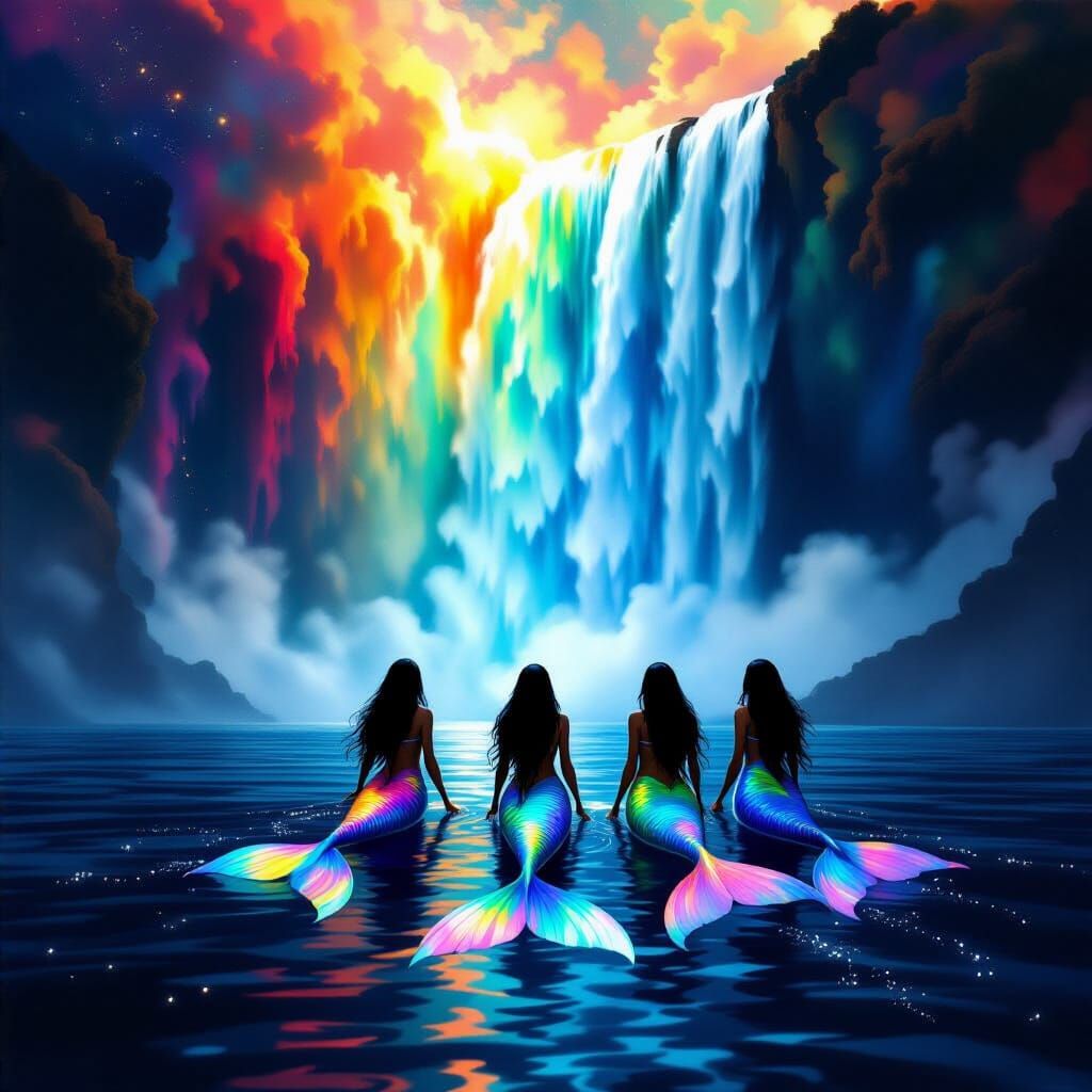 Outer Space Mermaids in Waterfall Nebula