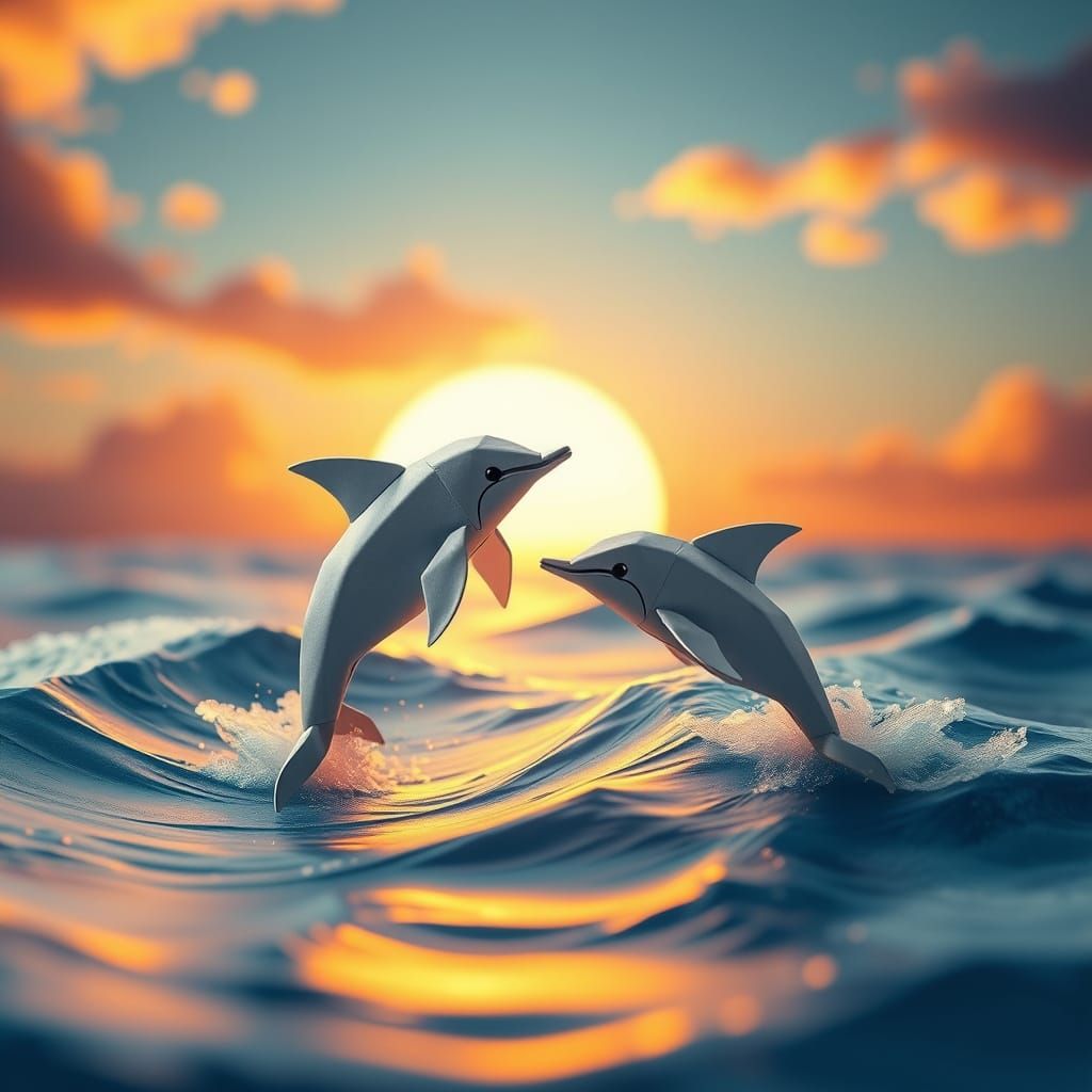 Origami Dolphins Leap in Sunset Fantasy Ocean