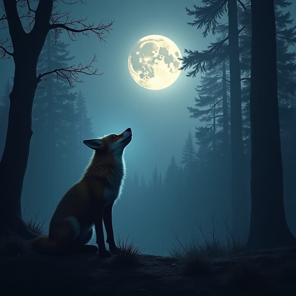 Fox Gazing at a Glorious Full Moon