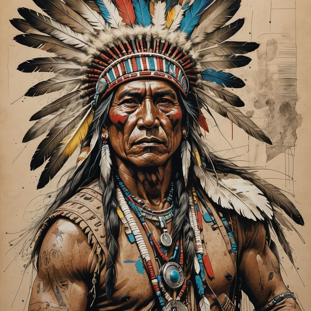 Native American Warrior in Mixed Media Art