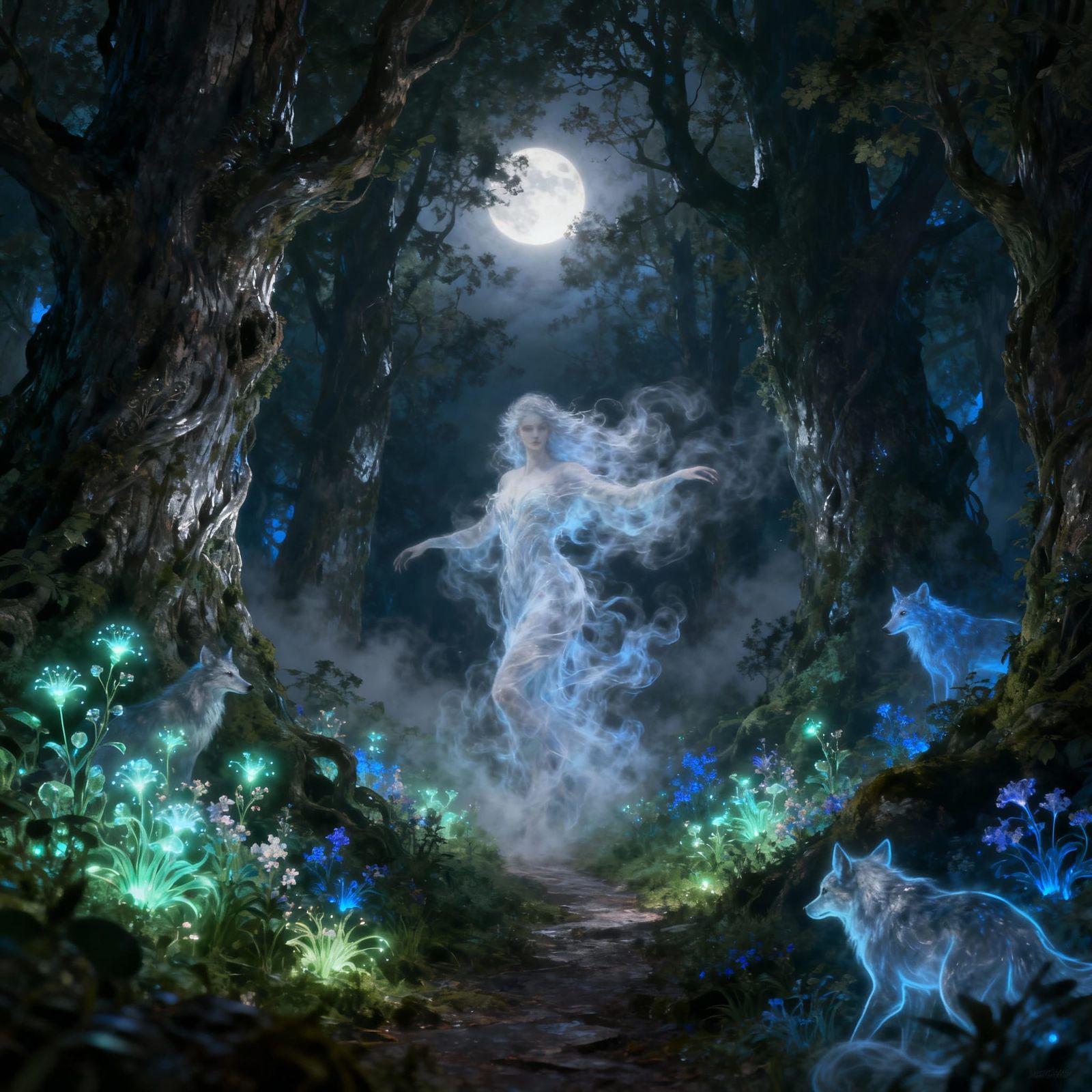 Ethereal Forest Spirit in Moonlit Ancient Grove