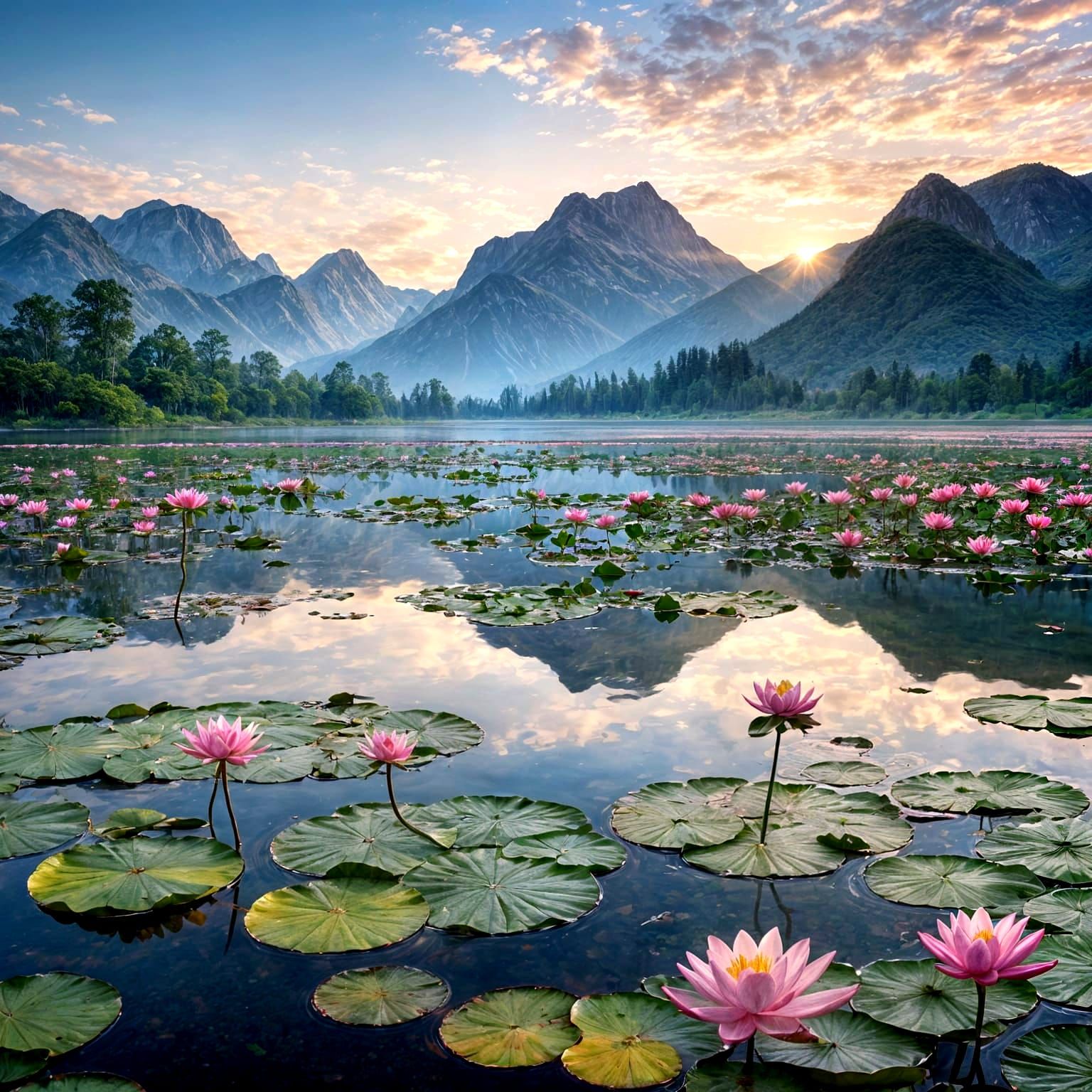 Water Lilies at Sunset on a Tranquil Lake
