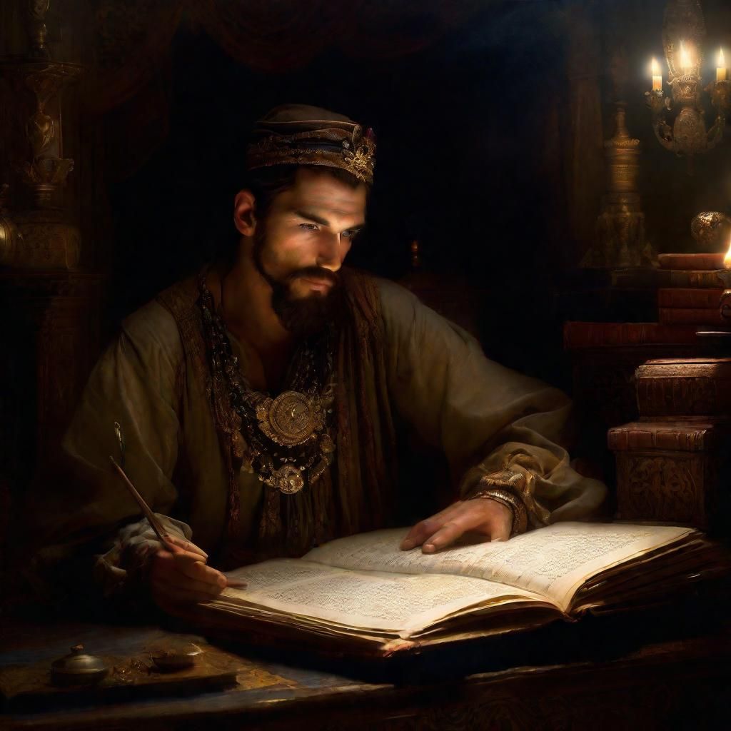 Victorian Explorer Translating Arabian Nights: Digital Illus...