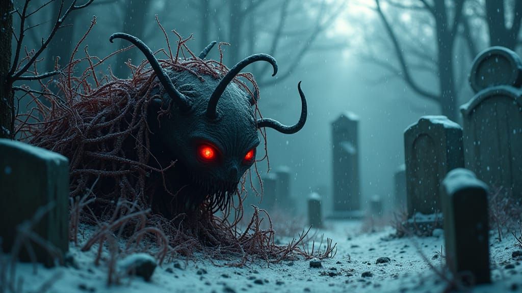 Ethereal Creature in Moonlit Cemetery, Fantasy Matte Paintin...