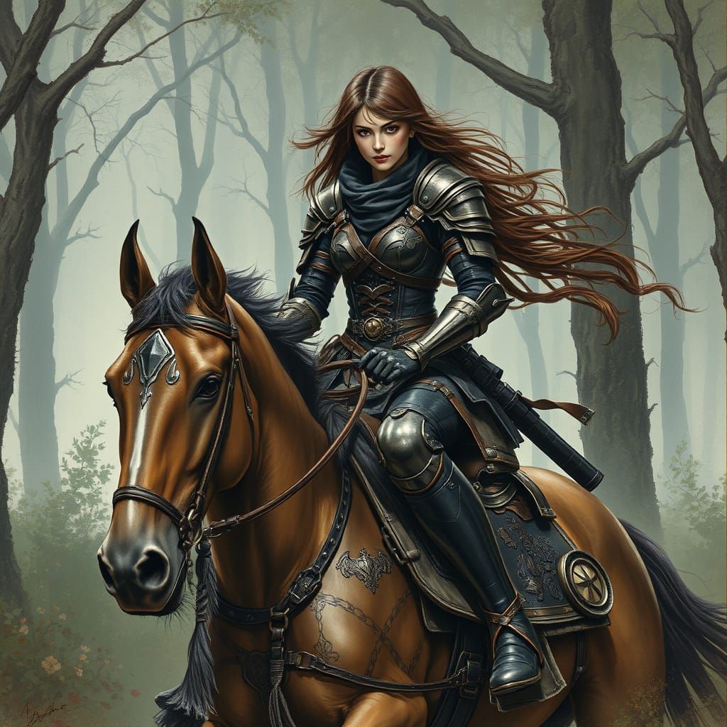 Armored Woman on Horseback in Mystical Forest