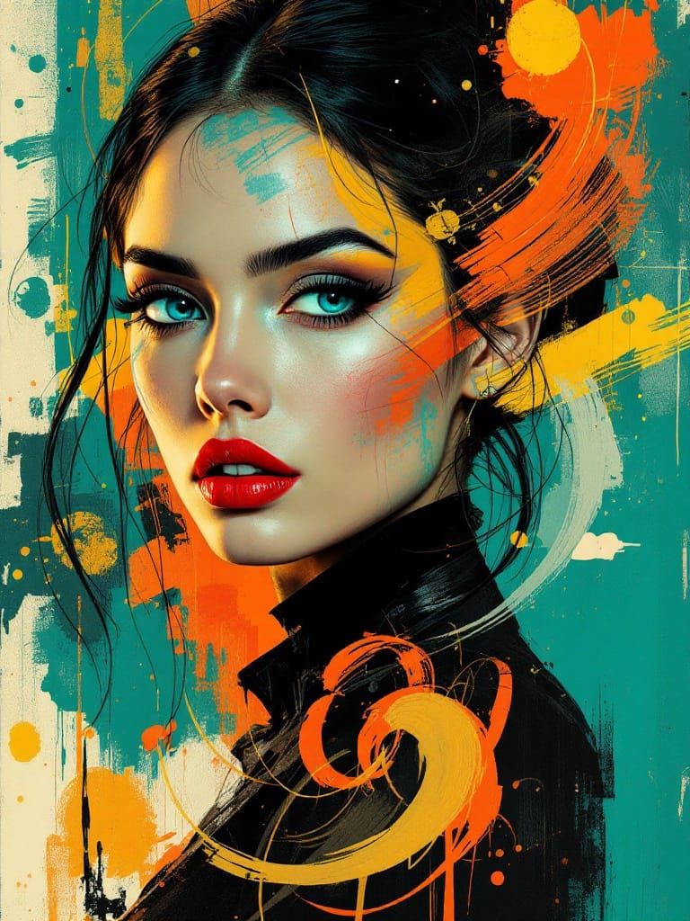 Bold Portrait of a Woman with Ice Blue Gaze in Vibrant Abstr...