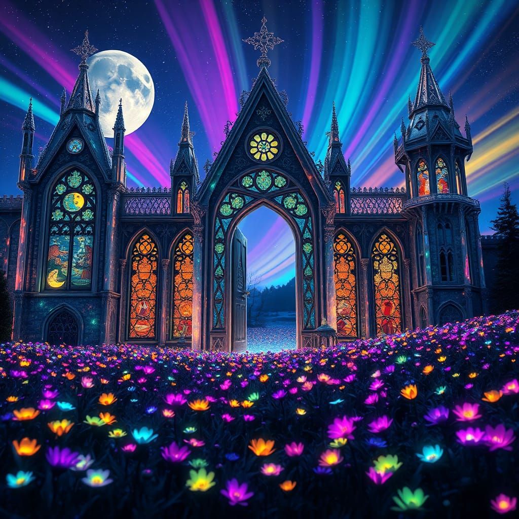Crystalline Castle with Bioluminescent Meadow, Fantasy Art