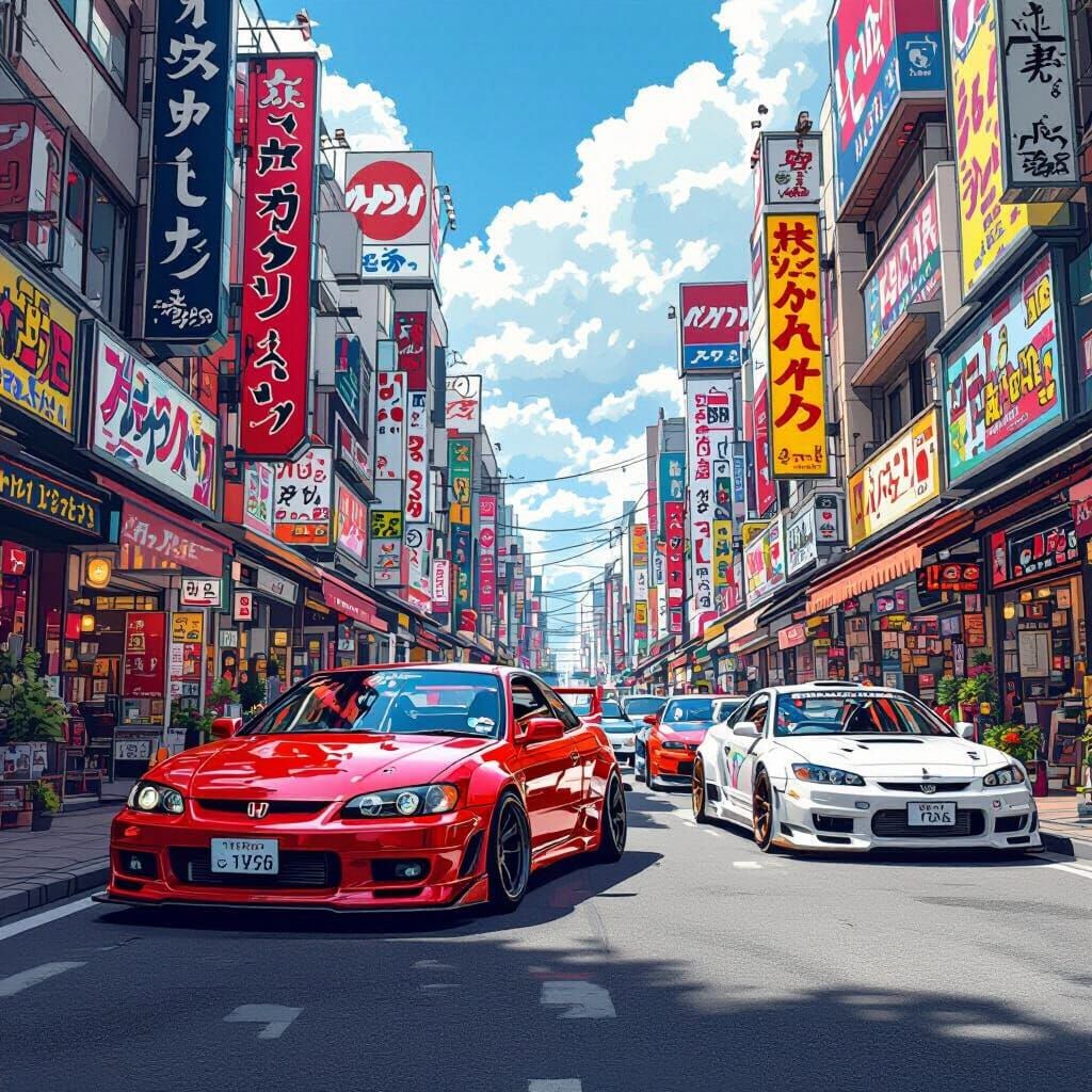 Japanese Street Scene with JDM Cars in Cyberpunk Style