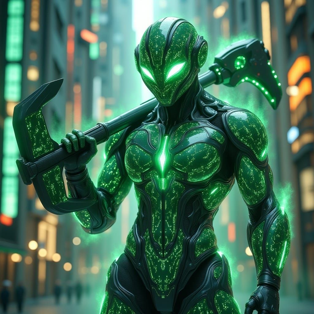 Circuit Board Humanoid in Cyberpunk Cityscape