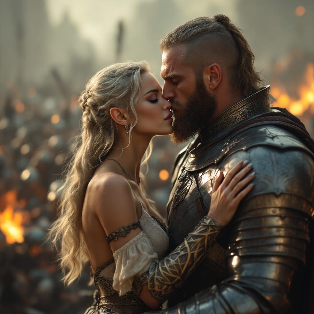 Intimate Moment on the Battlefield: Elven Warrior's Tender K...