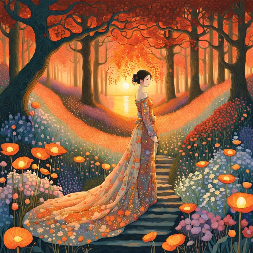 Sunset Woman in Enchanted Forest: Magical Realism