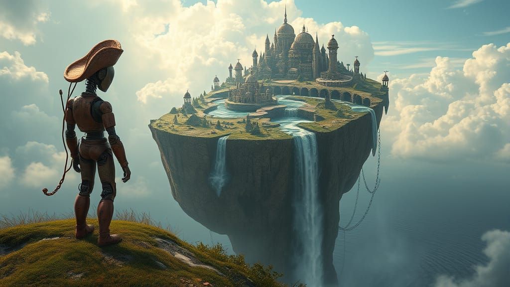 Robot Views Surreal Teacup Island Paradise