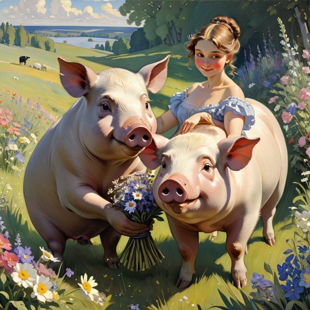 Noble Pig Surprises Beautiful Sow with Wildflowers in Impres...