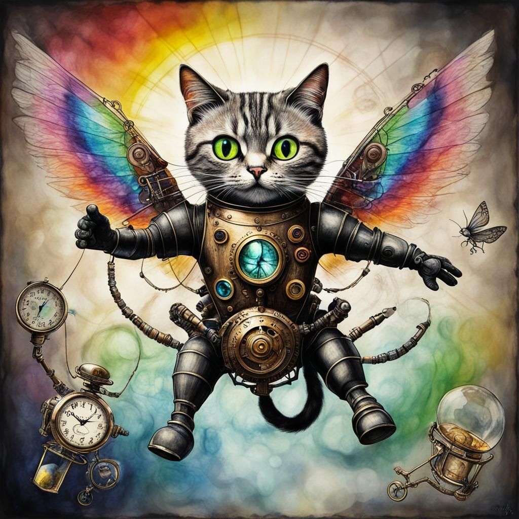 Surreal Steampunk Cats in Flight: Crayon-Style Rayograph