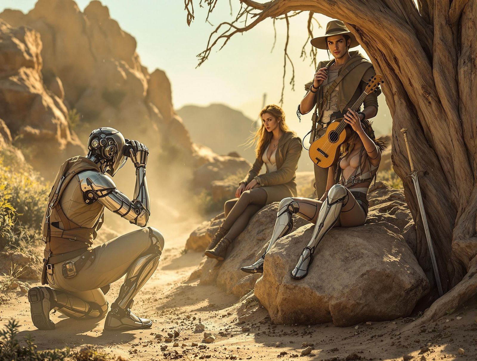 Photorealistic full shot of a group of people. Sunlight glinted off the chrome of Jax's robotic arm as he knelt by the d...