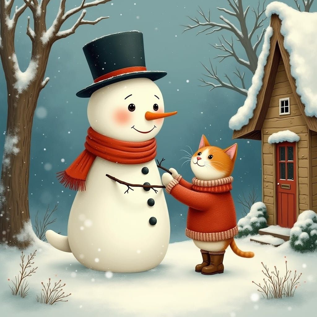 Snowman Offers Helping Hand to Cozy Cat in Winter Wonderland...
