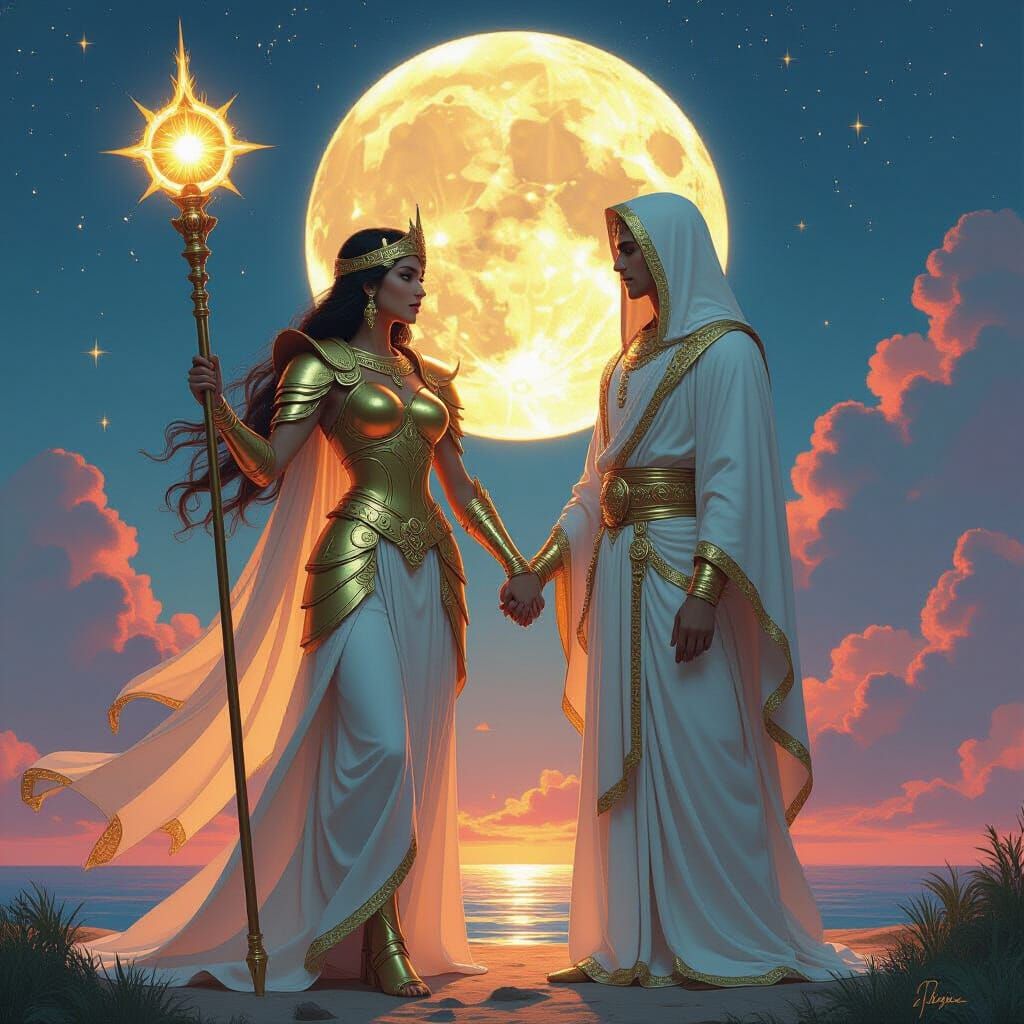 Solar Goddess and Moon God in Cosmic Art