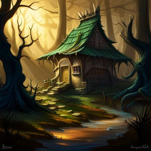 Eerie Witch's Cottage in Dark Fantasy Forest