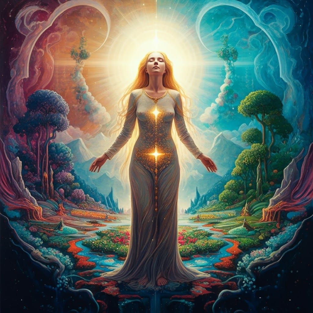 Ethereal Woman in Shimmering Landscape: Three Stages of Life