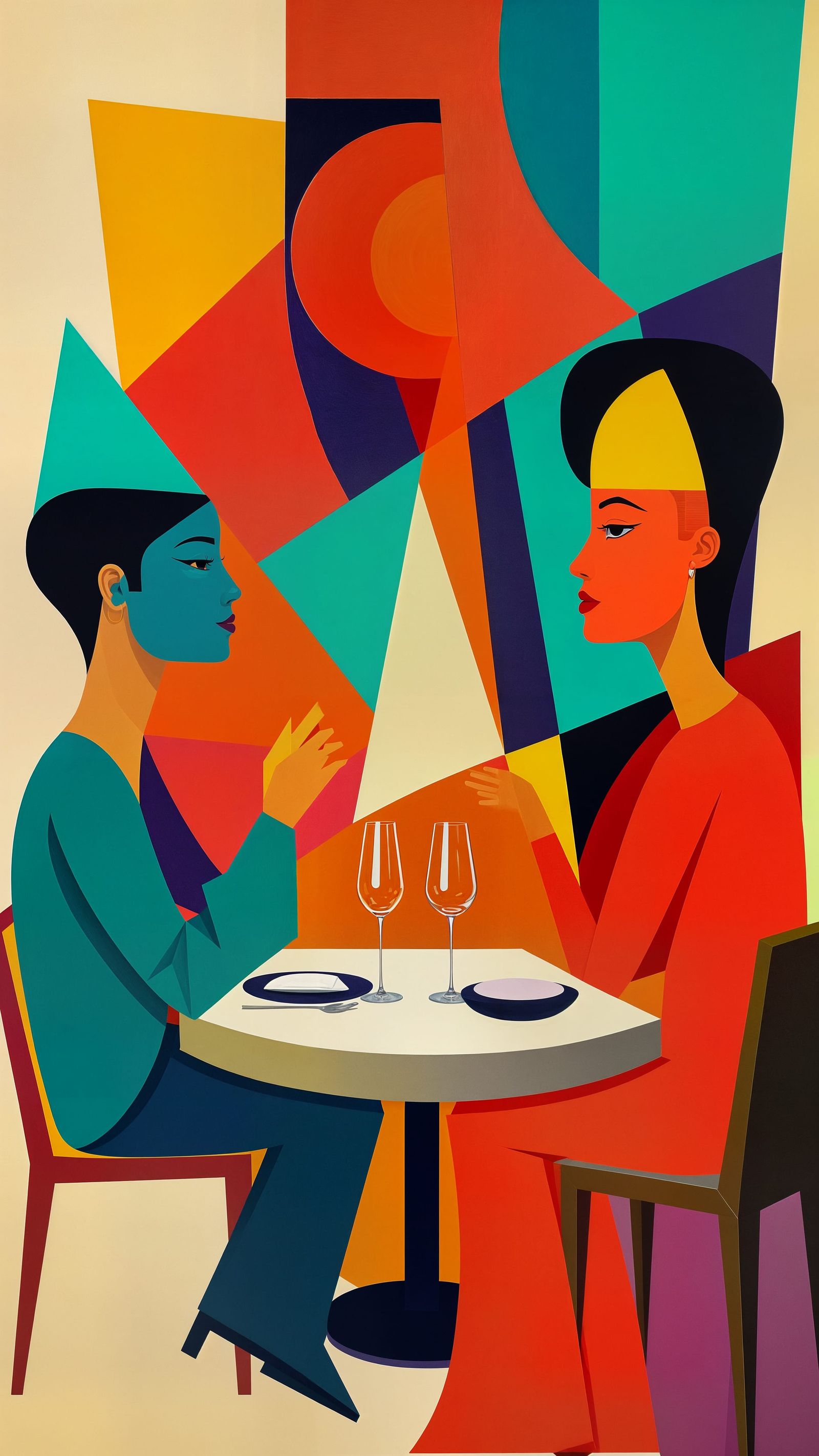 Vibrant Cubist Dining Scene in Geometric Fauvism Style