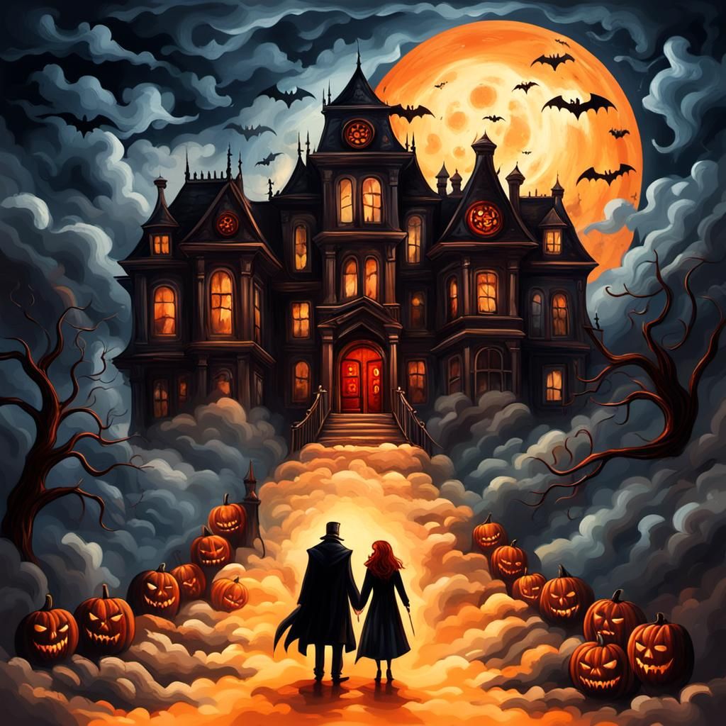 Spooky Vampire Clouds Over Halloween City Skyline