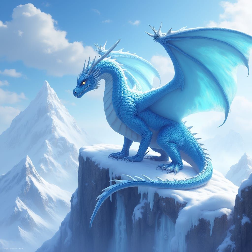 Icy Dragon on Snowy Peak in Anime Style